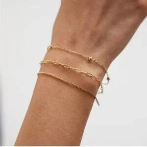 GOLD 14k Gold Plated 3pc Paperclip Beaded Bracelet Set